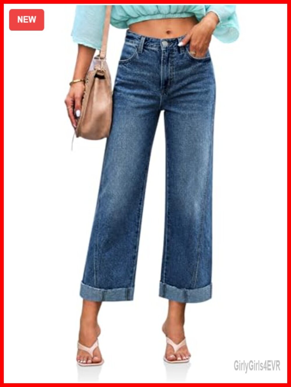Women's Cropped Wide Leg Cuffed Barrel Denim Jeans High Waisted Ankle